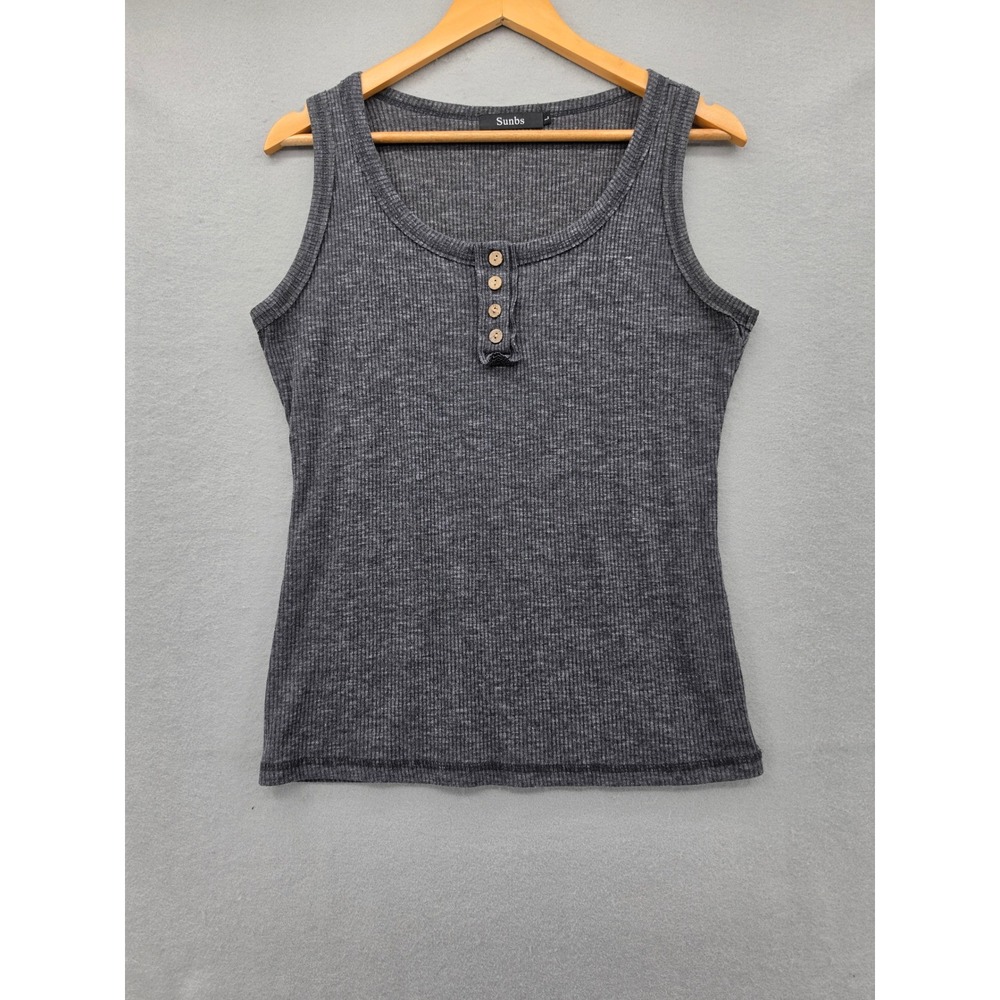 Sunbs Women Large Gray Ribbed Henley Tank Top Button Front Sleeveless Marl Knit